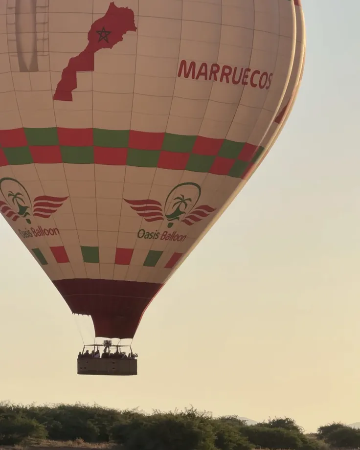 Montgolfière aux couleurs du Maroc au-dessus de la palmeraie